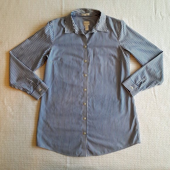 Women's Chico's Long Sleeved Blue Pin Stripe Shirt, Embellished Collar, Small - Picture 2 of 8